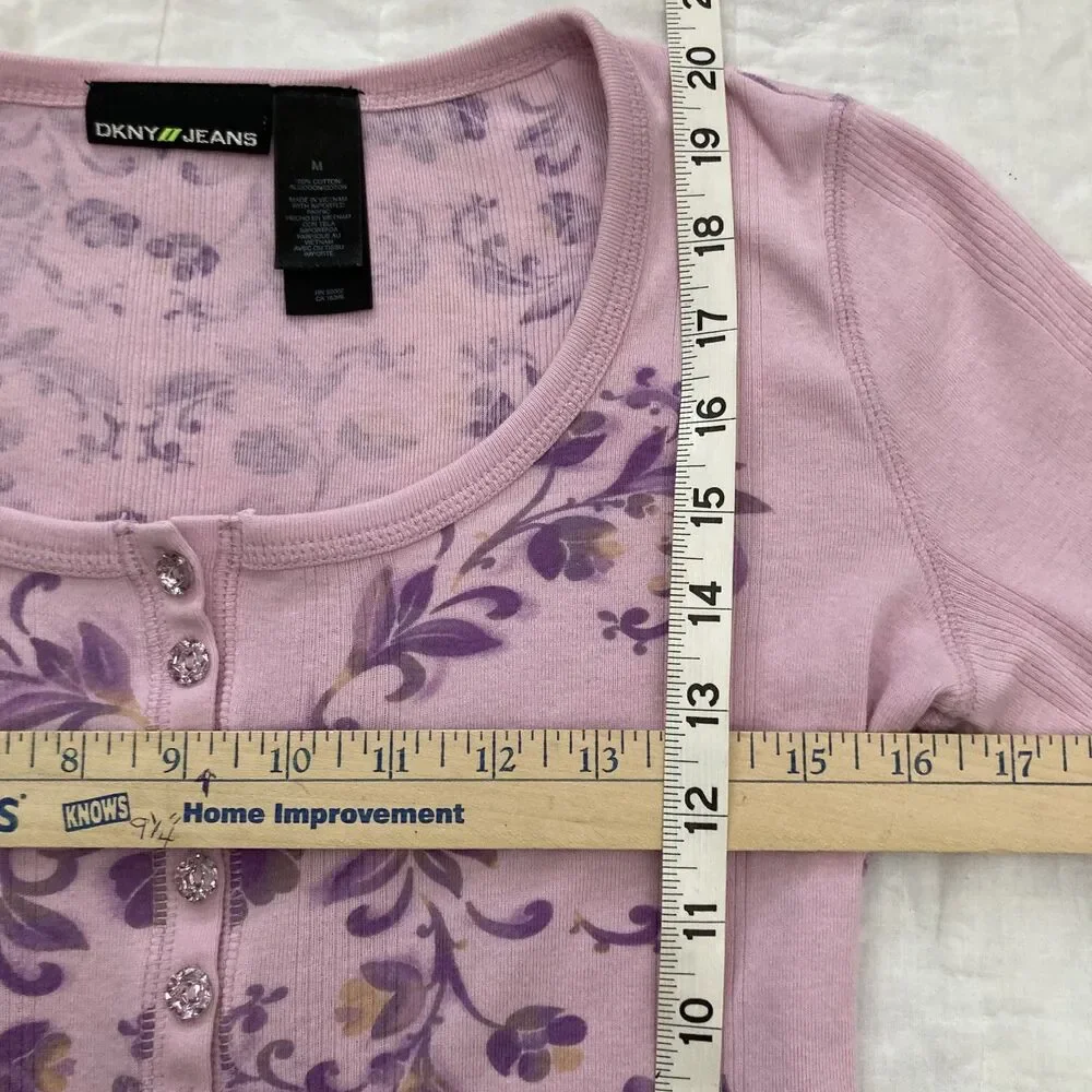 Vintage Fairy 2000s Y2K Henley DNKY Jeans Pink Floral Crystal Buttons Womens S/M - Picture 7 of 8